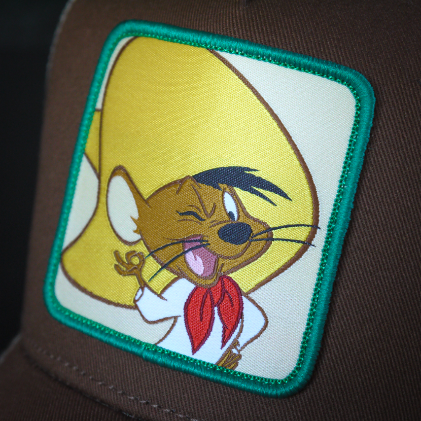 Brown OVERLORD X Looney Tunes Speedy Gonzales trucker baseball cap hat woven Overlord patch closeup.