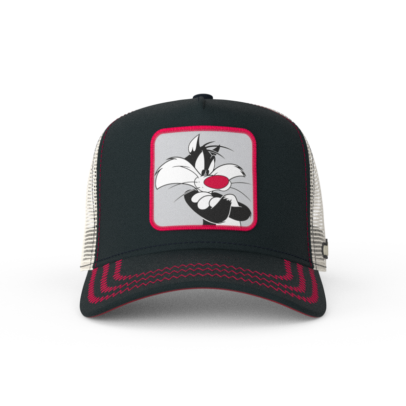 Black OVERLORD X Looney Tunes smug Sylvester the cat trucker baseball cap hat with red zig zag stitching. PVC Overlord logo.
