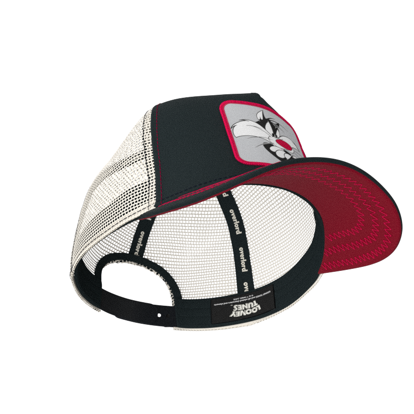 Black OVERLORD X Looney Tunes smug Sylvester the cat trucker baseball cap hat with black sweatband and red under brim.