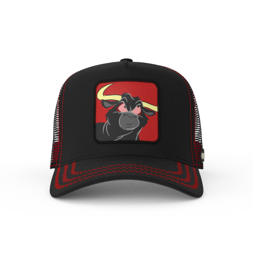 Black OVERLORD X Looney Tunes Toro the bull trucker baseball cap hat with red zig zag stitching. PVC Overlord logo.