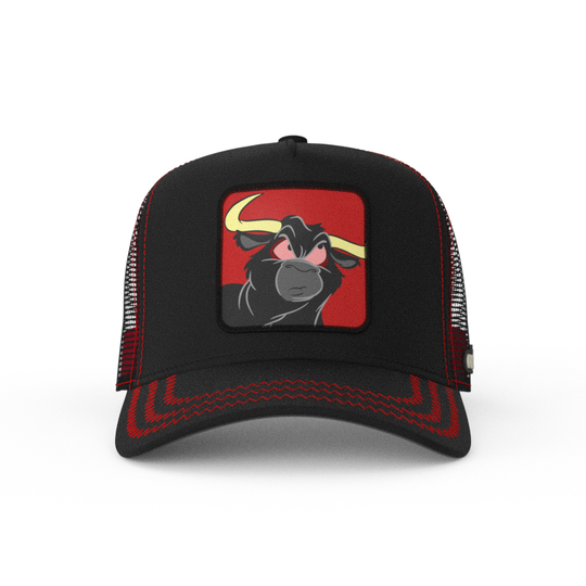 Black OVERLORD X Looney Tunes Toro the bull trucker baseball cap hat with red zig zag stitching. PVC Overlord logo.