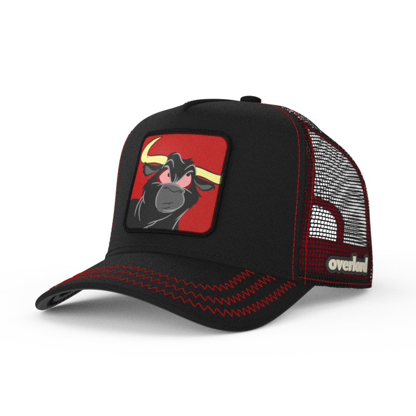 Black OVERLORD X Looney Tunes Toro the bull trucker baseball cap hat with red zig zag stitching. PVC Overlord logo.
