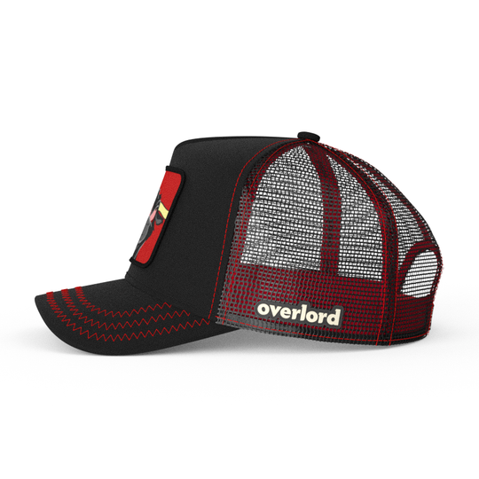 Black OVERLORD X Looney Tunes Toro the bull trucker baseball cap hat with black mesh. PVC Overlord logo.