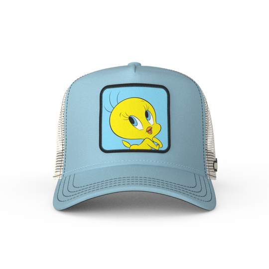 Baby Blue OVERLORD X Looney Tunes smiling Tweety Bird trucker baseball cap hat with black stitching. PVC Overlord logo.