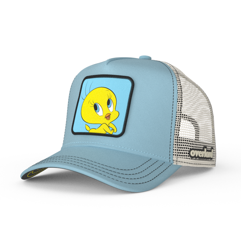 Baby Blue OVERLORD X Looney Tunes smiling Tweety Bird trucker baseball cap hat with black stitching. PVC Overlord logo.