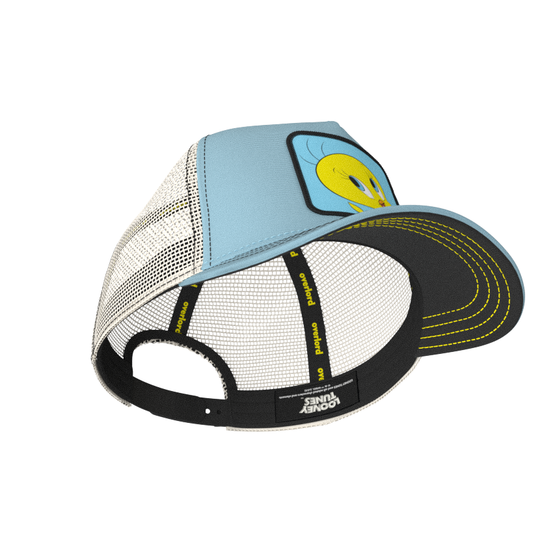 Baby Blue OVERLORD X Looney Tunes smiling Tweety Bird trucker baseball cap hat with black sweatband and black under brim.