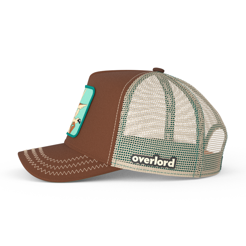 Brown OVERLORD X Looney Tunes thinking Wile E. Coyote trucker baseball cap hat with khaki mesh. PVC Overlord logo.