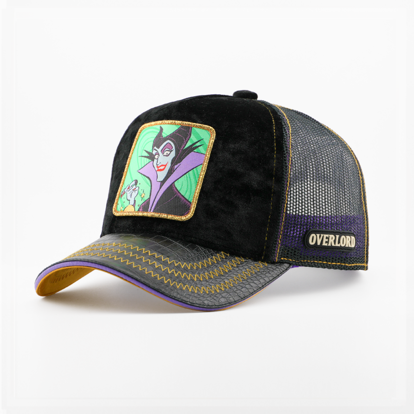 Black velvet retro trucker cap with a Maleficent from Disney's Sleeping Beauty patch, croc-print texture brim, black and purple mesh sides, and Overlord logo.