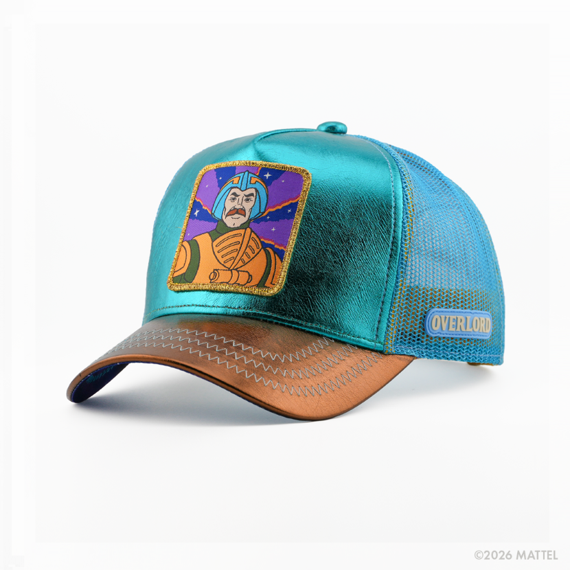 Metallic teal retro trucker cap with a gold-bordered patch of Man-At-Arms from Masters of the Universe, bronze metallic brim, blue mesh back, and Overlord logo.