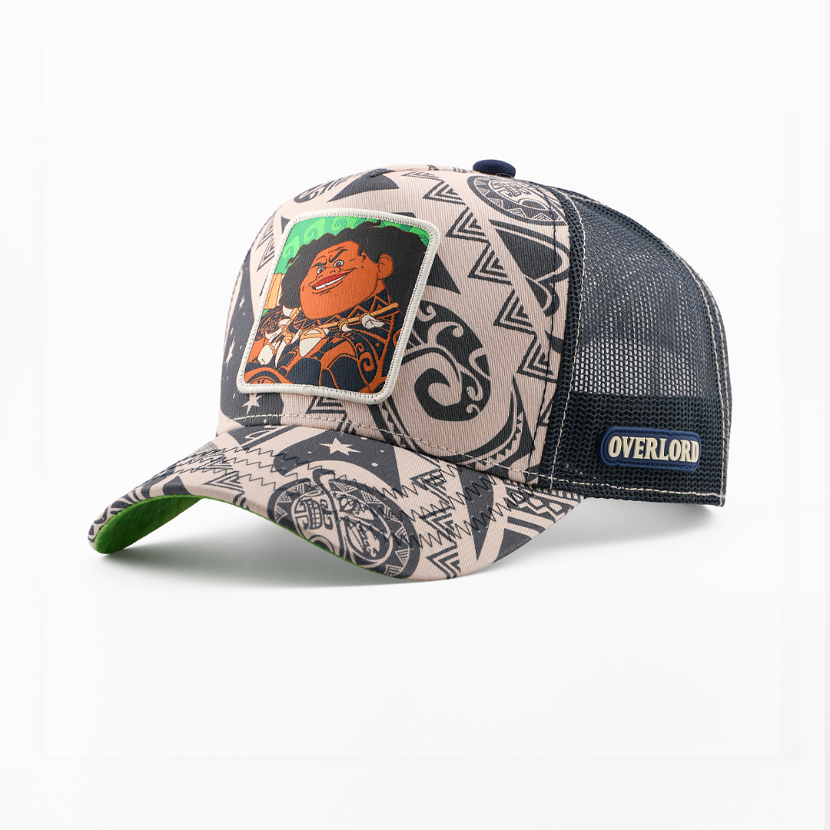 Trucker hat with graphic design and 'Overlord' branding on a white background