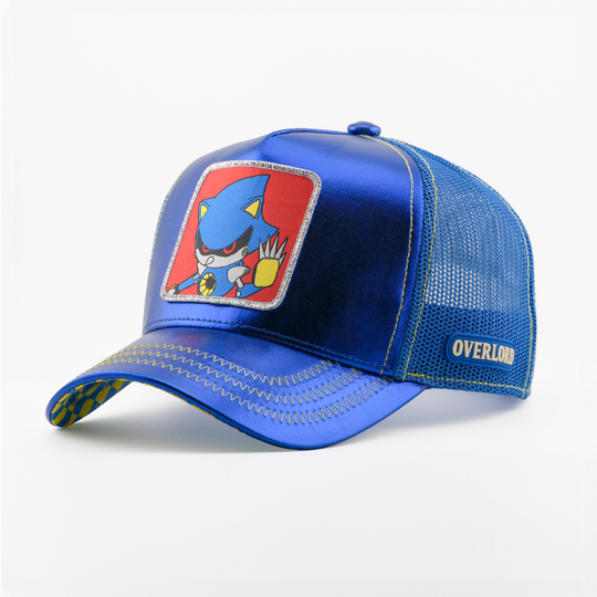 Metallic blue retro trucker cap with a silver-bordered patch of Metal Sonic from Sonic the Hedgehog on a red background, blue metallic brim, blue mesh back, and Overlord logo.