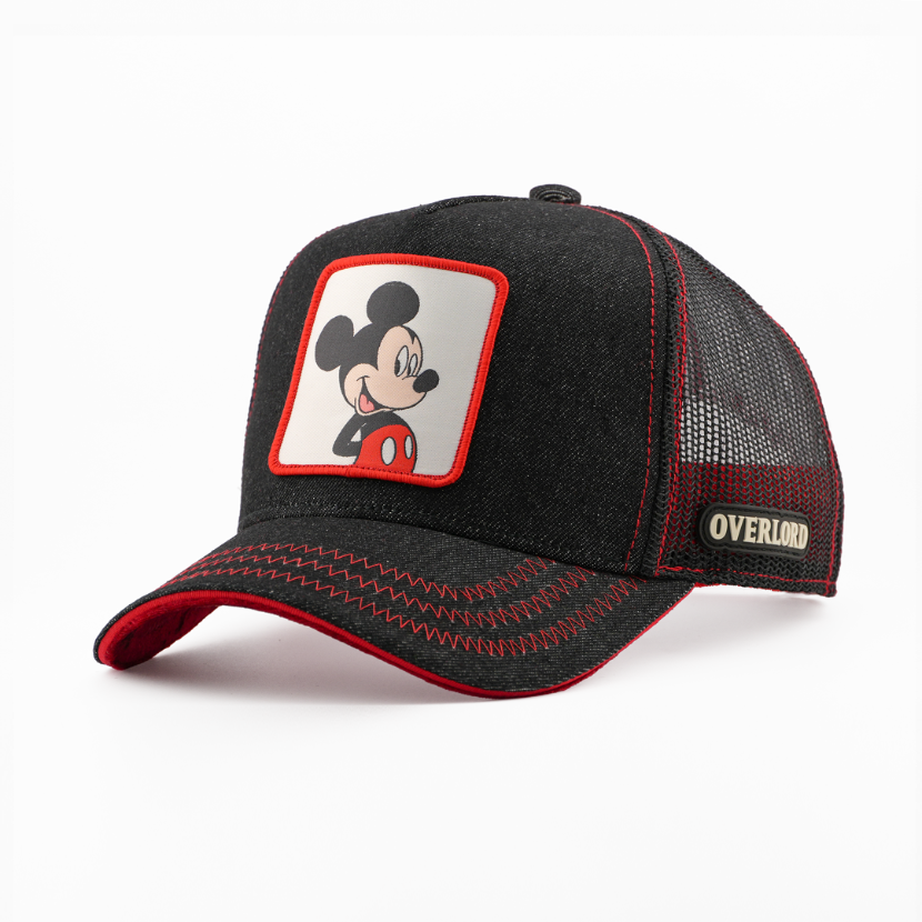 Black cap with Mickey Mouse patch and 'Overland' branding on a white background