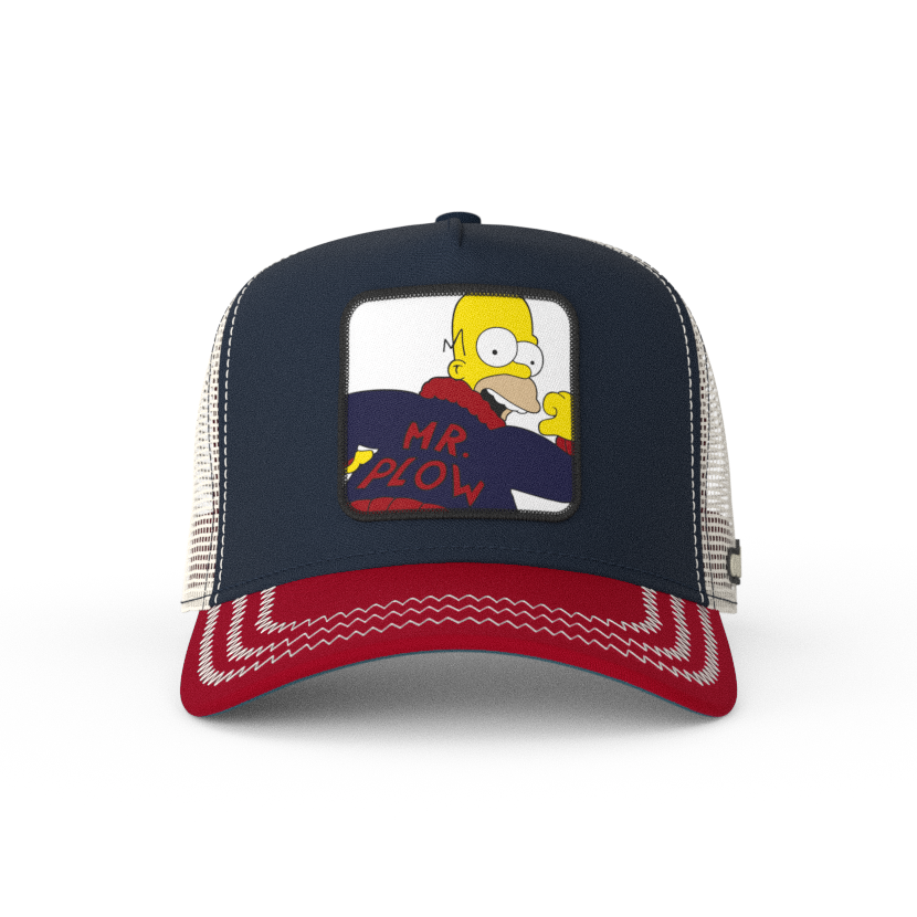 Navy and red OVERLORD X The Simpsons Homer Mr. Plow trucker baseball cap hat with cream zig zag stitching. PVC Overlord logo.