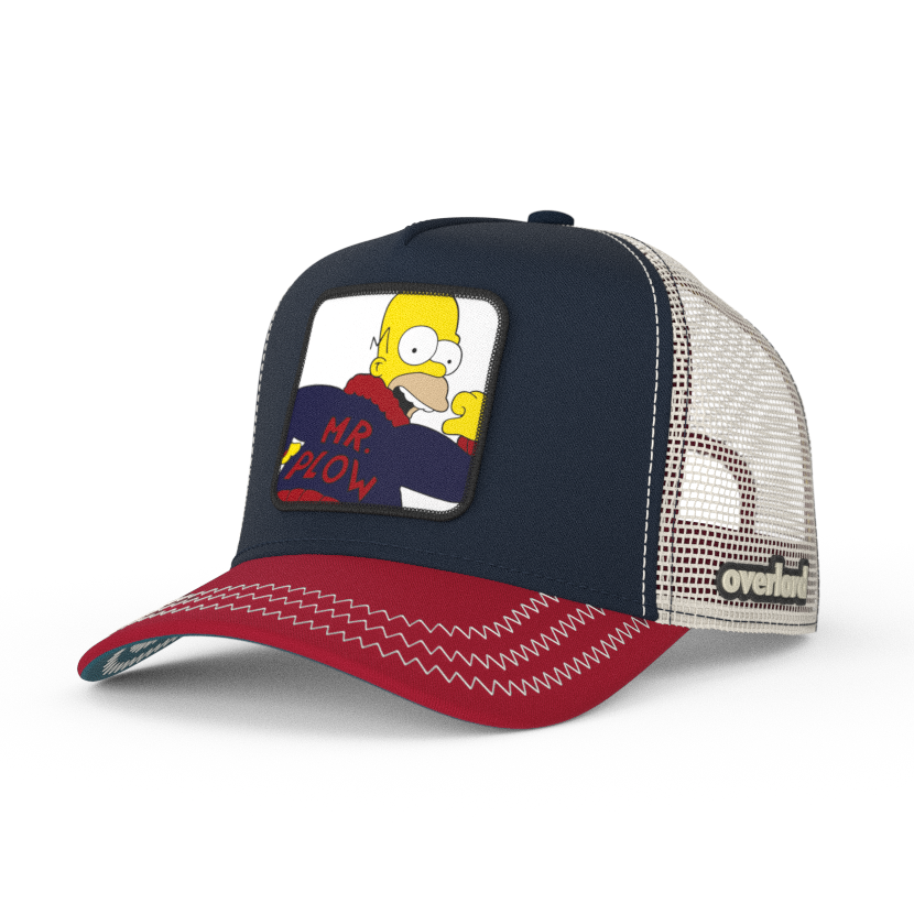 Navy and red OVERLORD X The Simpsons Homer Mr. Plow trucker baseball cap hat with cream zig zag stitching. PVC Overlord logo.