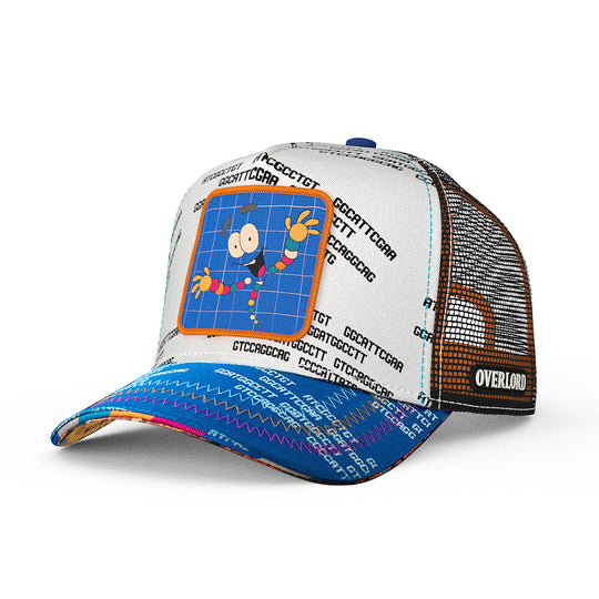 Trucker cap with colorful Mr. DNA patch, white crown and blue brim covered in written code text.