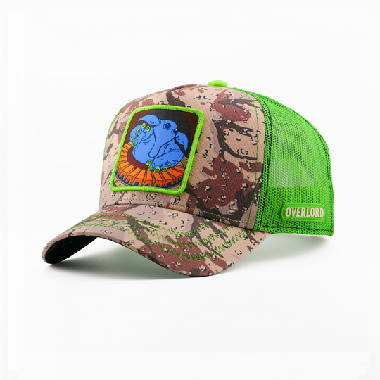 Camo-print trucker cap with a Max Rebo from Star Wars patch, and a green mesh side featuring the Overlord logo.