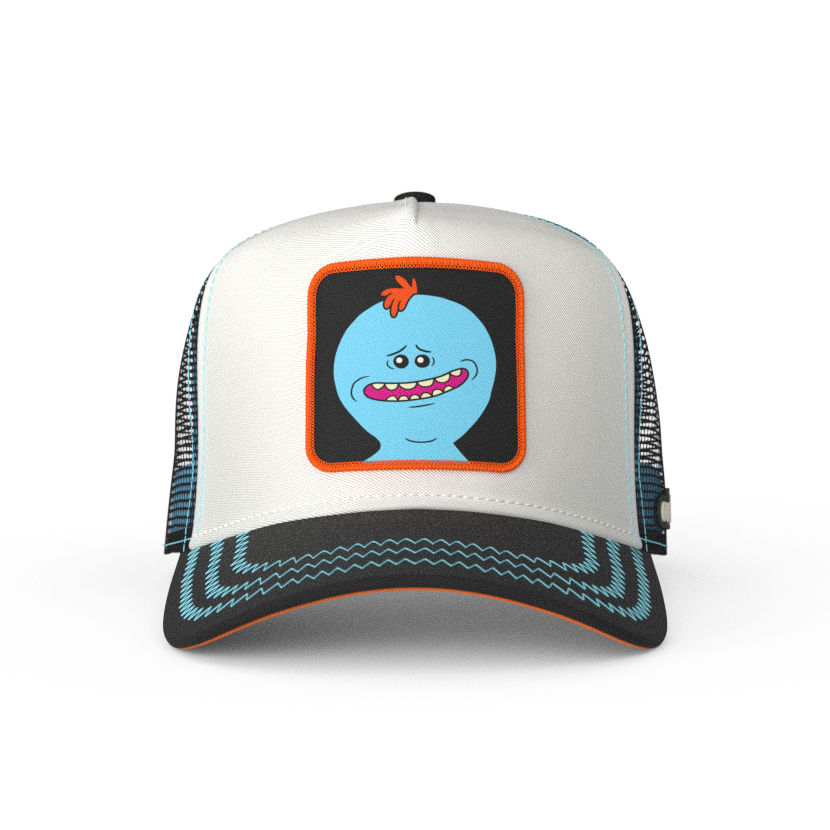 White and black OVERLORD X Rick & Morty smiling Meeseeks trucker baseball cap hat with blue zig zag stitching. PVC Overlord logo.
