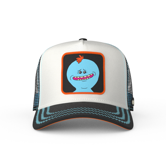 White and black OVERLORD X Rick & Morty smiling Meeseeks trucker baseball cap hat with blue zig zag stitching. PVC Overlord logo.