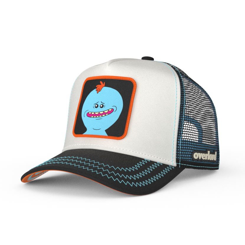 White and black OVERLORD X Rick & Morty smiling Meeseeks trucker baseball cap hat with blue zig zag stitching. PVC Overlord logo.