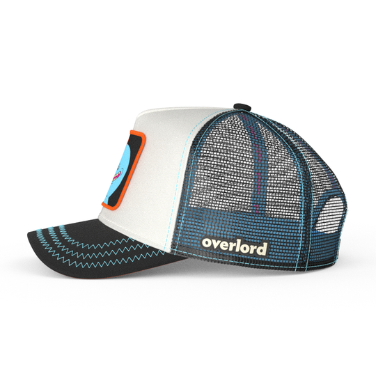 White and black OVERLORD X Rick & Morty smiling Meeseeks trucker baseball cap hat with black mesh. PVC Overlord logo.