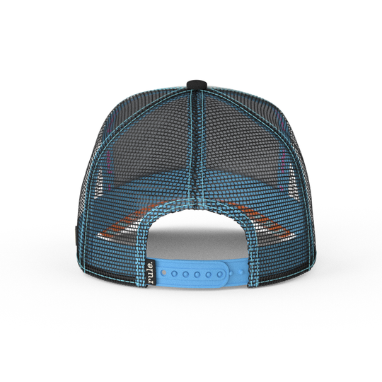 White OVERLORD X Rick & Morty smiling Meeseeks trucker baseball cap hat with black mesh and  blue adjustable strap. PVC Overlord logo.