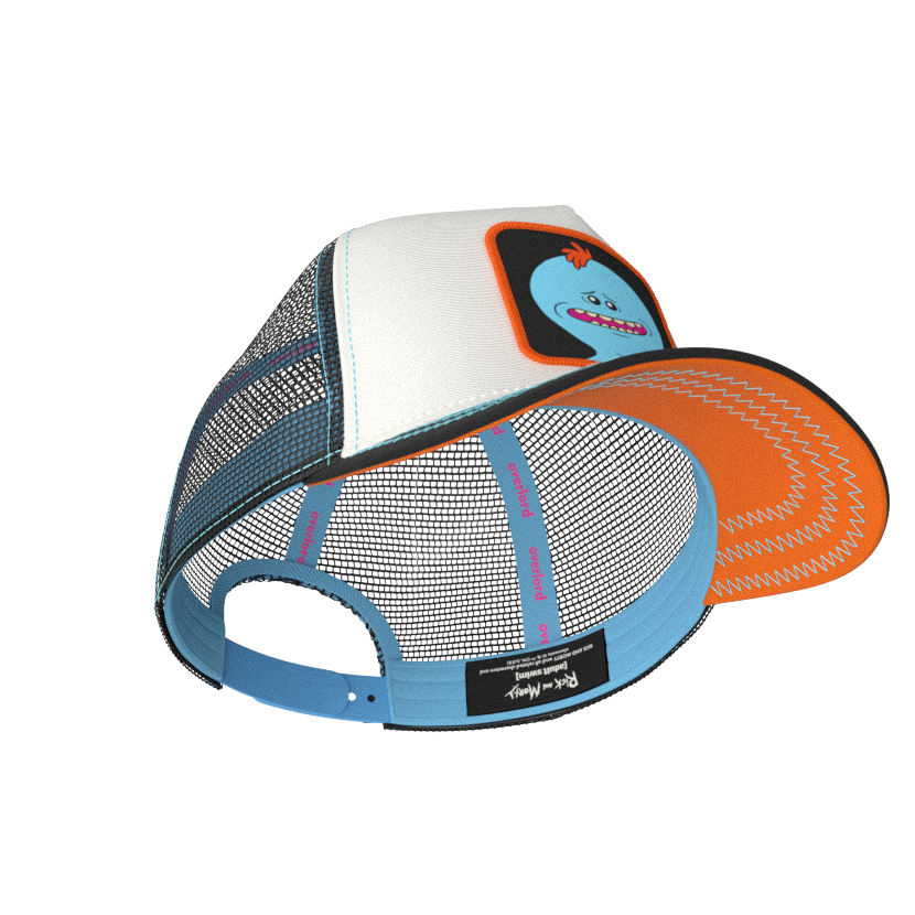 White and black OVERLORD X Rick & Morty smiling Meeseeks trucker baseball cap hat with blue sweatband and orange under brim.