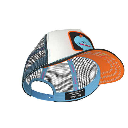 White and black OVERLORD X Rick & Morty smiling Meeseeks trucker baseball cap hat with blue sweatband and orange under brim.