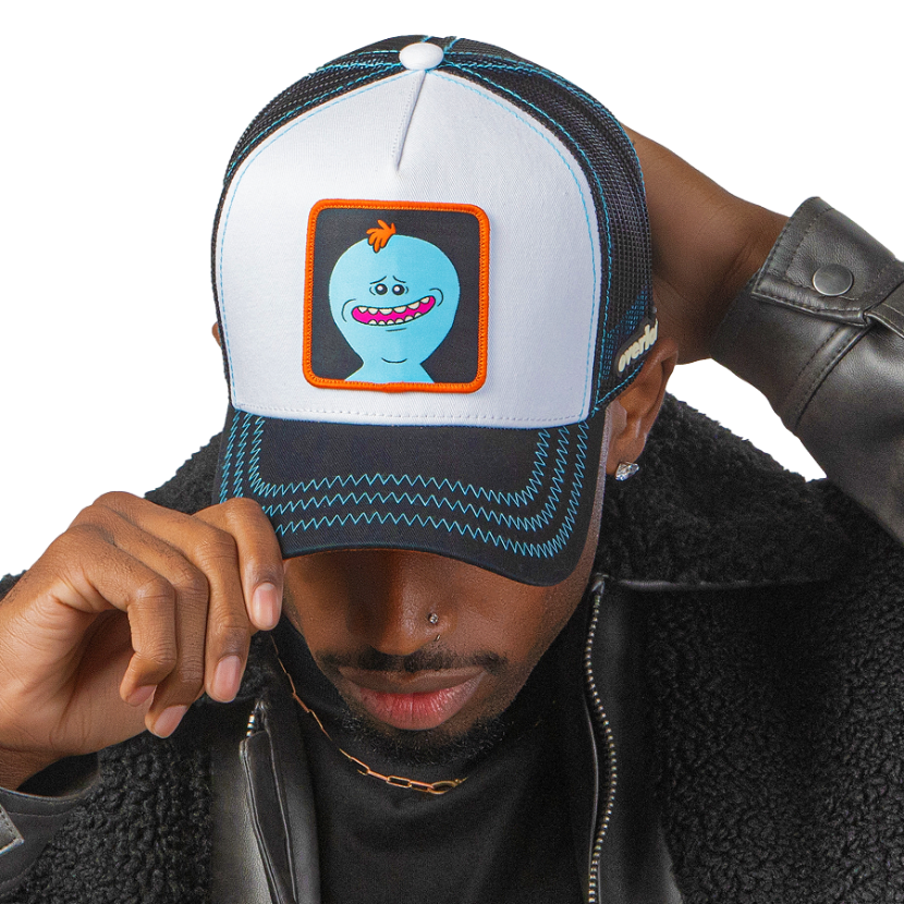 Man wearing white and black OVERLORD X Rick & Morty smiling Meeseeks trucker baseball cap hat with blue zig zag stitching. PVC Overlord logo.