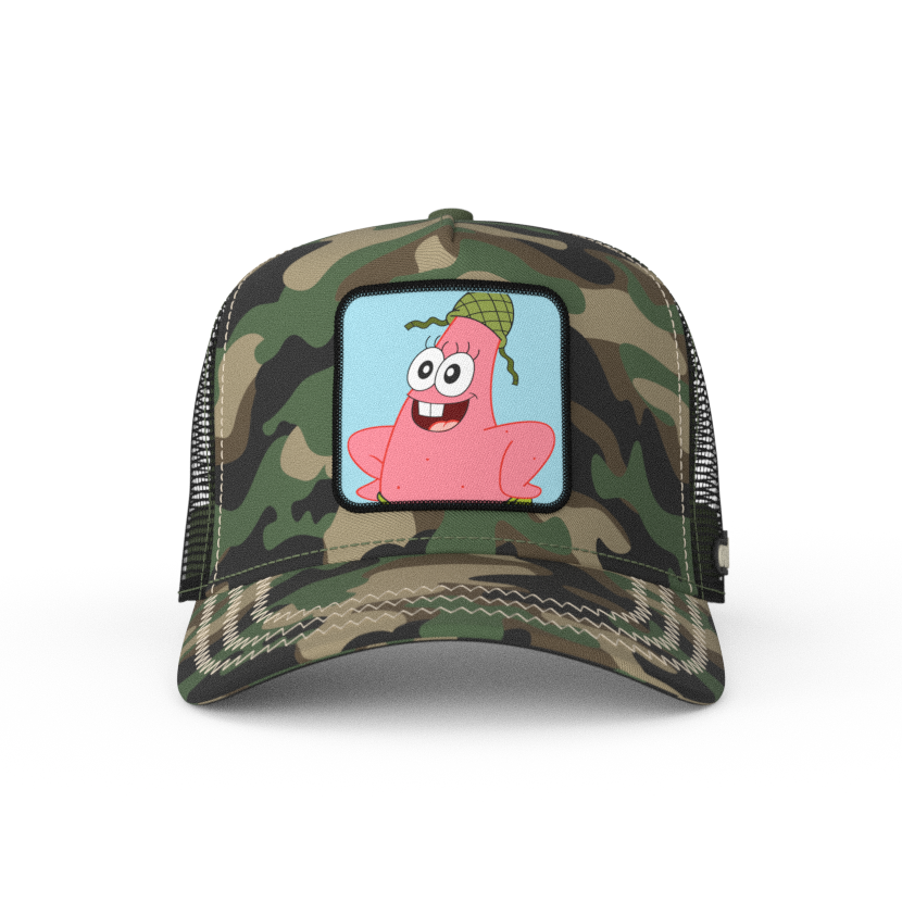 Camo OVERLORD X SpongeBob Private Patrick trucker baseball cap hat with khaki zig zag stitching. PVC Overlord logo.