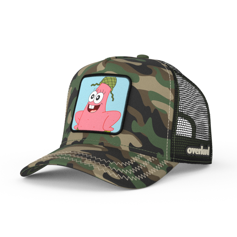 Camo OVERLORD X SpongeBob Private Patrick trucker baseball cap hat with khaki zig zag stitching. PVC Overlord logo.