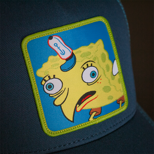 Navy OVERLORD X SpongeBob ChickenBob meme trucker baseball cap hat woven Overlord patch closeup.