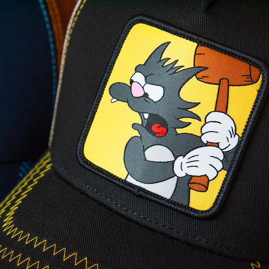 Black OVERLORD X The Simpsons Scratchy the cat trucker baseball cap hat woven Overlord patch closeup.