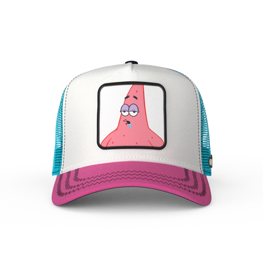 White and pink OVERLORD X SpongeBob Drooling Patrick trucker baseball cap hat with black zig zag stitching. PVC Overlord logo.