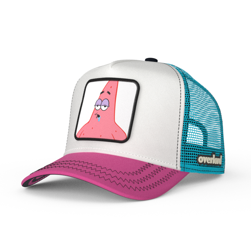 White and pink OVERLORD X SpongeBob Drooling Patrick trucker baseball cap hat with black zig zag stitching. PVC Overlord logo.