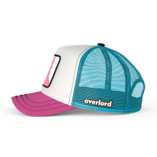 White and pink OVERLORD X SpongeBob Drooling Patrick trucker baseball cap hat with turquoise mesh. PVC Overlord logo.