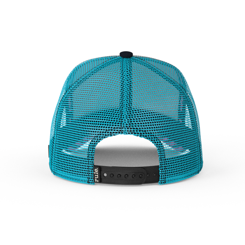 White and pink OVERLORD X SpongeBob Drooling Patrick trucker baseball cap hat with turquoise mesh and black adjustable strap.