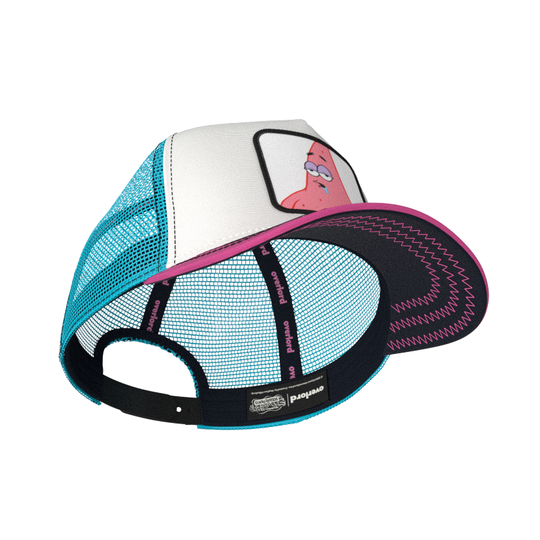 White and pink OVERLORD X SpongeBob Drooling Patrick trucker baseball cap hat with black sweatband and black under brim.