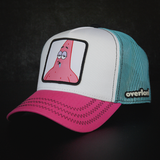 White and pink OVERLORD X SpongeBob Drooling Patrick trucker baseball cap hat with black zig zag stitching. PVC Overlord logo.