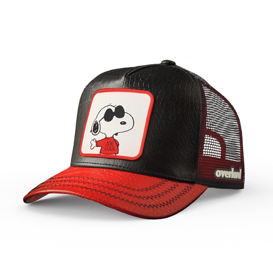 Black and red leather crocodile skin embossed trucker cap with black mesh featuring a woven patch of Joe Cool Snoopy from the Peanuts Comics attached to the crown.