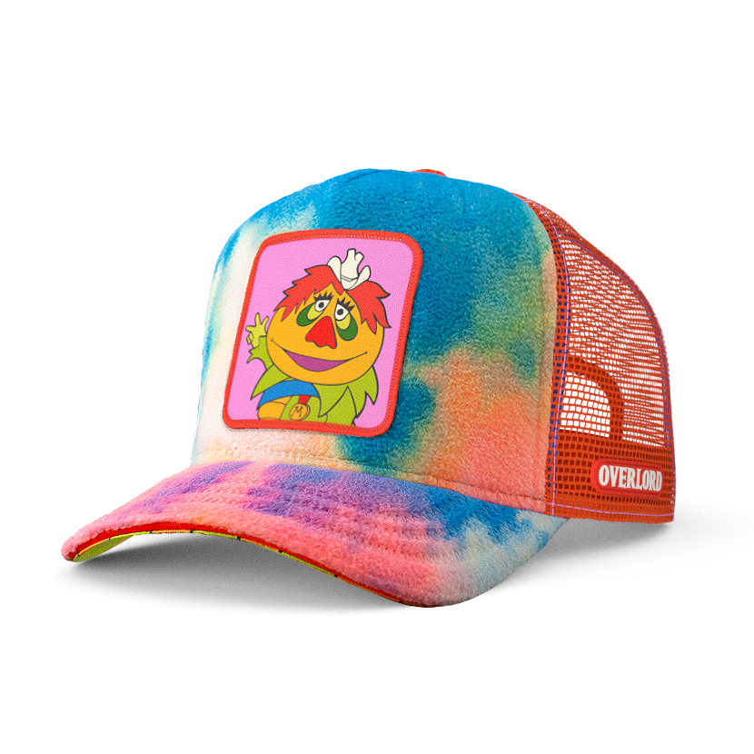 Trucker cap with colorful H.R PufnStuf patch, tiedye crown and tiedye brim.
