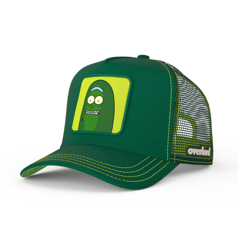 Dark Green OVERLORD X Rick & Morty scared Pickle Rick trucker baseball cap hat with lime green stitching. PVC Overlord logo.