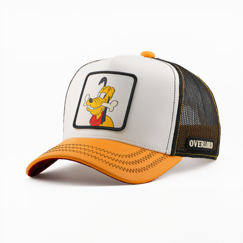 Trucker hat with cartoon character patch and 'Overland' branding on a white background