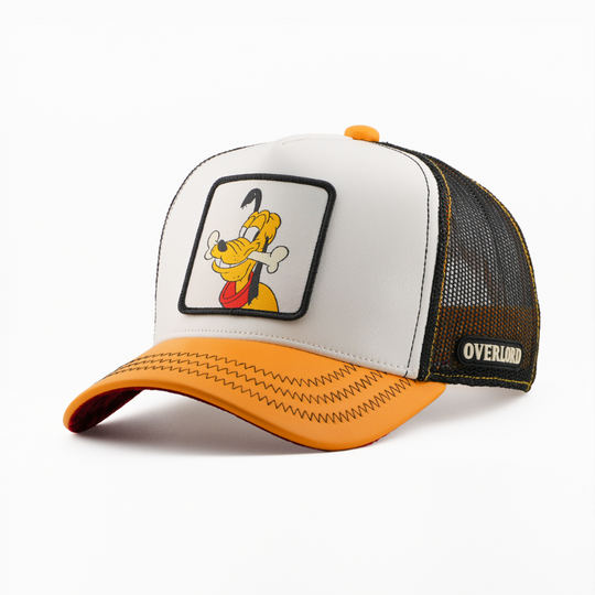 Trucker hat with cartoon character patch and 'Overland' branding on a white background