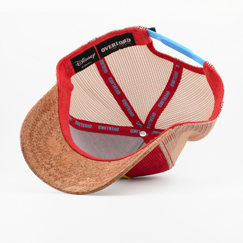 Doggy cap with red mesh back and brown brim on a white background