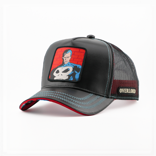 Glossy black trucker cap with a Marvel's Punisher patch on a brick backdrop and mesh side featuring the Overlord logo.