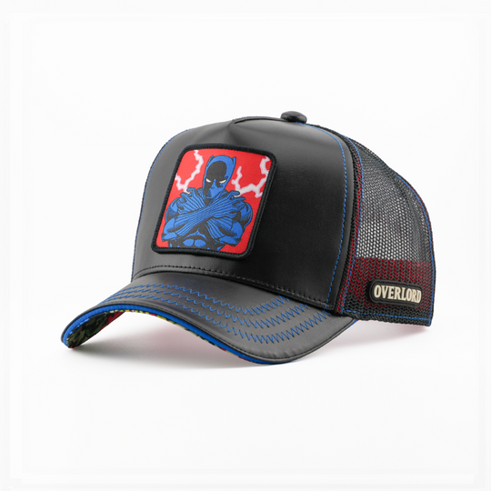 Matte black trucker cap with a Marvel's Black Panther patch on a red backdrop and mesh side featuring the Overlord logo.