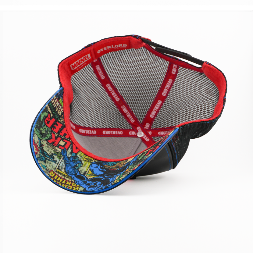 Underside view of the Black Panther cap showing a comic-print brim, black mesh crown, and red Overlord branded taping.