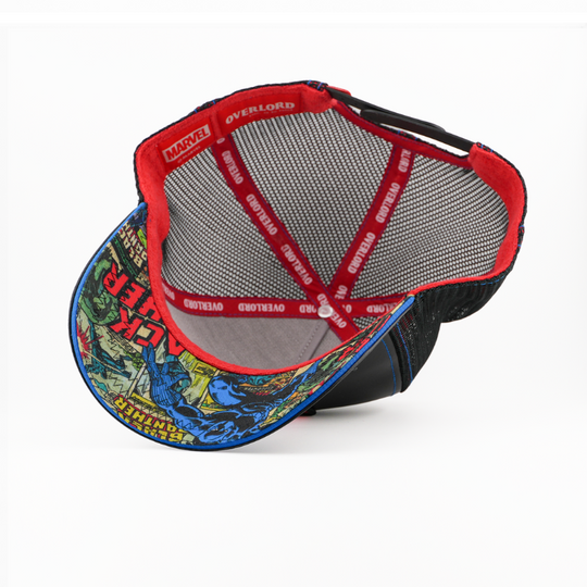 Underside view of the Black Panther cap showing a comic-print brim, black mesh crown, and red Overlord branded taping.