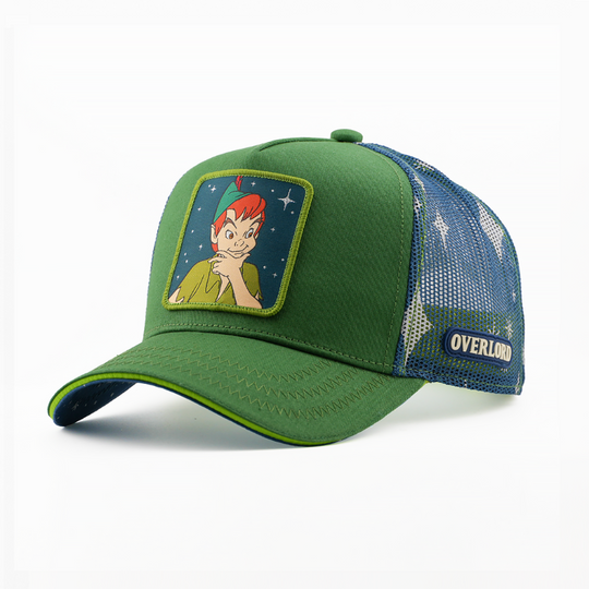 Green Peter Pan from Disney's Peter Pan retro trucker cap with a matching brim, navy starry-print mesh side, and Overlord logo.