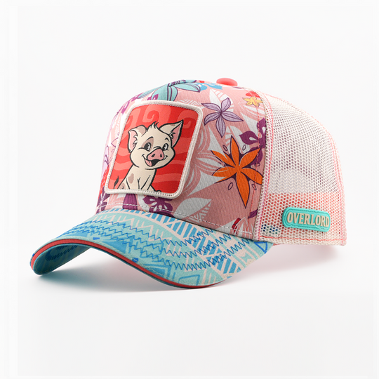 Pink floral-print retro trucker cap with a blue tribal-print brim and a patch of Pua from Disney's Moana on a red background, white mesh back with teal Overlord logo.